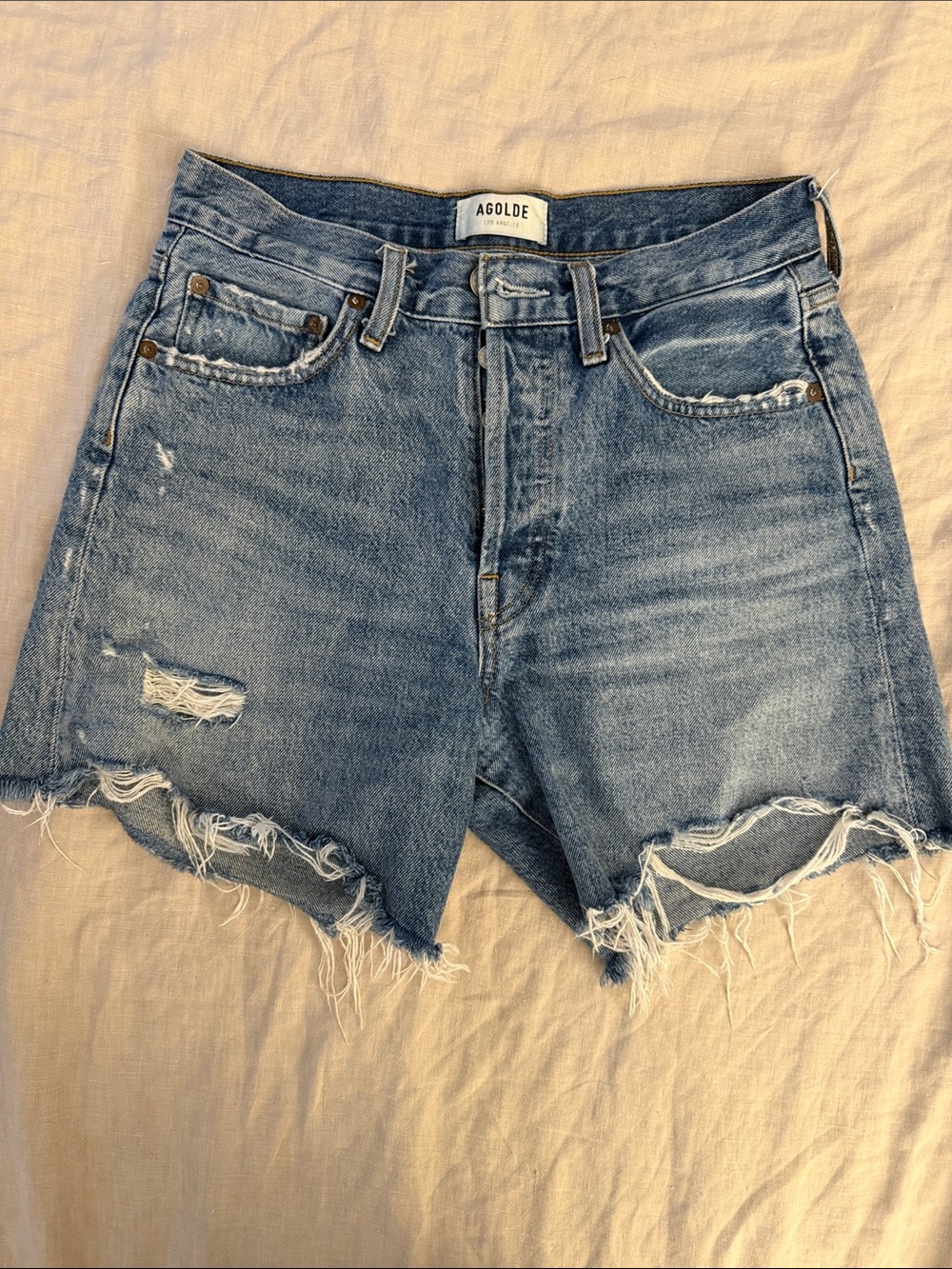 Agolde Blue Distressed Parker Long Denim Jean Shorts